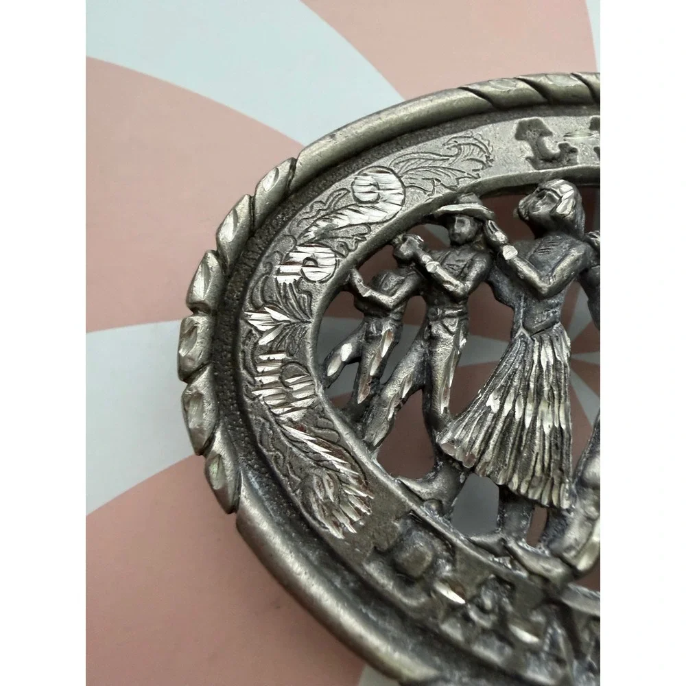 Vintage Line Dancing Belt Buckle Pewter Tone Western Country Cowboy Oval Relief